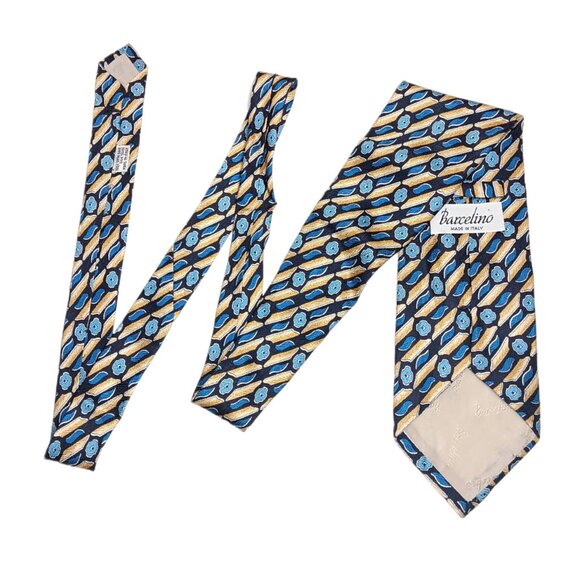 Barcelino Silk Tie Men’s Long 62” Gold Blue Geometric Floral Art Deco Wide New - Picture 3 of 4